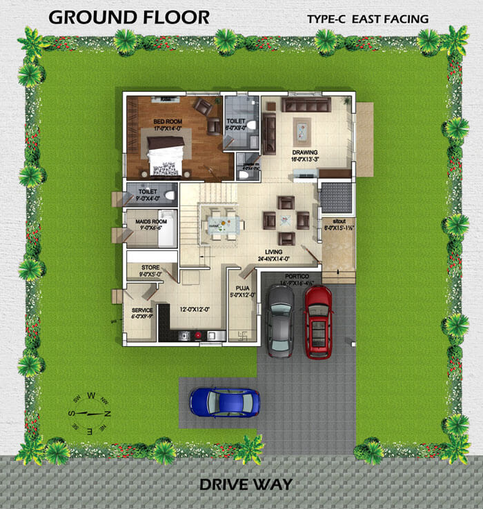 Type C East Facing Villa ground Floor plan