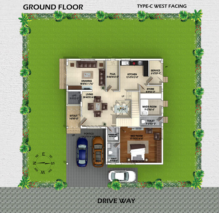 Type C West Facing Villa ground Floor plan